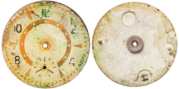 Isolated photo of beige military vintage worn clock or watch face with chronograph on white background.