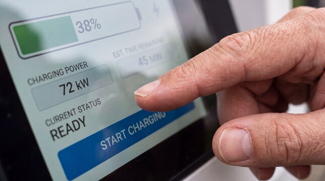 Close up of index finger pressing start charging button on electric vehicle station touchscreen display