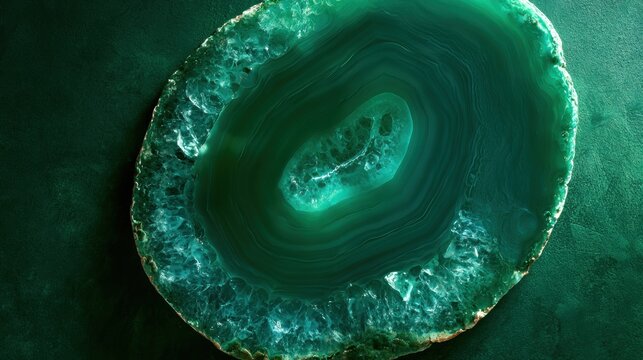 A green agate slice is backlit, showing its banded translucent layers. The backdrop adds to its rich look, perfect for various uses.
