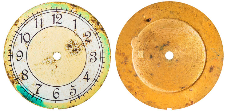 Isolated photo of rusty vintage worn green and biege colored clock or watch face on white background.