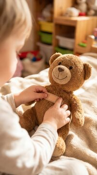 Child applying bandage to teddy bear in playroom for pediatric care comforting toy scene and child wellness awareness background