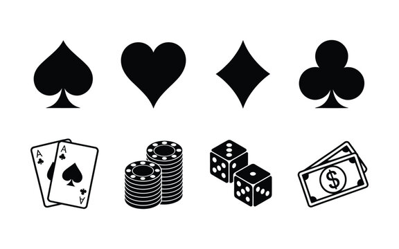 Gambling Icons featuring black and white poker chips, dice, playing cards, money symbols, and classic suit symbols for casino and gaming designs