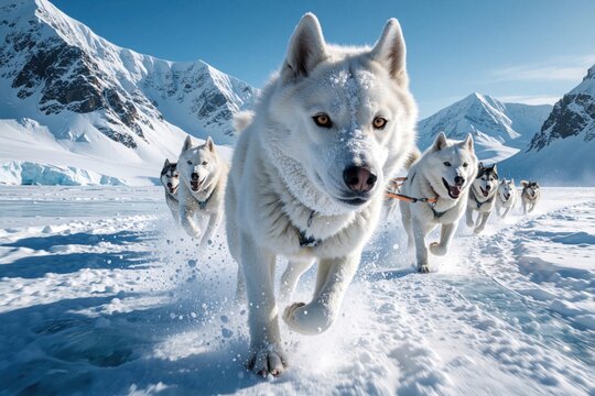 White sled dogs run fast through deep snow in arctic landscape. Husky team pulls sledge across frozen ice field. Powerful animals race towards camera in winter wilderness under blue sky. Active