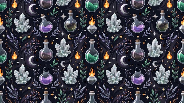 Magical seamless pattern with potion bottles, glowing crystals, crescent moons, and autumn foliage d