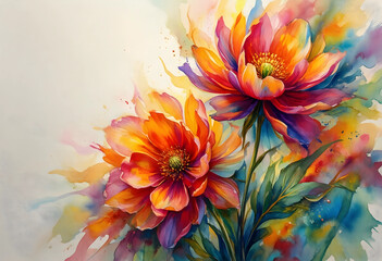 Fototapeta premium Creativity and artistic expression, vibrant watercolor flowers with abstract paint splashes and colorful botanical illustration on textured paper background