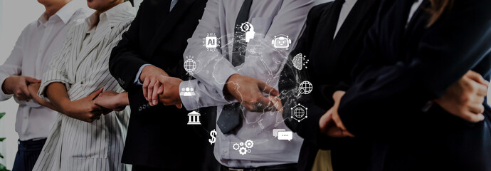 A diverse group of business professionals stands together in formal attire, symbolizing collaboration and modern communication through digital icons surrounding them. Trope © InfiniteFlow