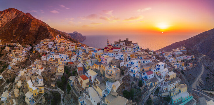 Olympos, Picturesque Traditional Village on a Mountain slope at sunset,  Karpathos, Dodecanese Island, Greece