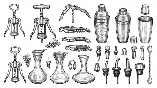 Professional Wine Sommelier Bar Tools Line Art Doodle Element Set Hand Drawn Vintage Wing Corkscrew Waiter Friend Cobbler Shaker Funnel Pourer Cross Hatching Shadow White Background Textless