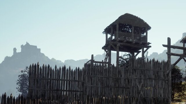 In a serene valley, a rustic watchtower stands tall amid a weathered wooden fence. The landscape is embraced by distant mountains, creating a tranquil atmosphere at dawn.