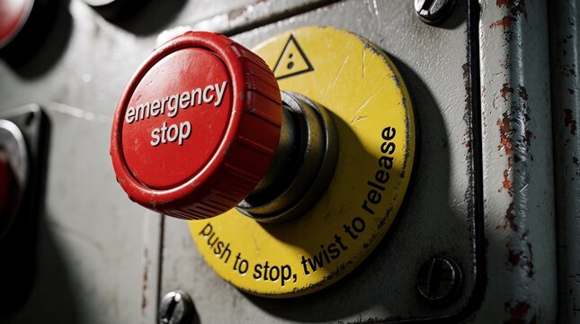 Red emergency stop button on industrial control panel. Machine safety device for urgent halt or shutdown. Push to stop twist to release function. Warning sign.