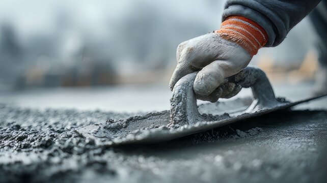 Professional concrete finishing with steel trowel, construction worker smoothing wet cement floor, industrial masonry work