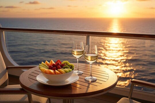 Two wine glasses and fruit bowl on cruise ship balcony at sunset. Couple enjoys romantic dinner overlooking the sea. Ocean waves shimmer under golden hour light.