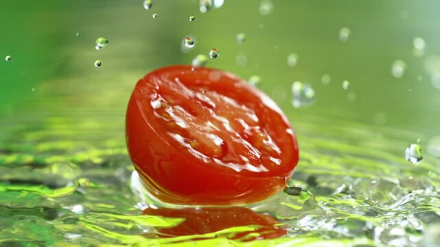 Super Slow Motion Shot of Fresh Tomatoe Falling into Water and Making Splash at 1000fps.