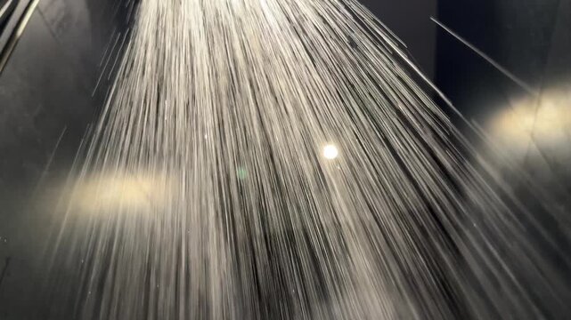 Running shower water streams in a bathroom show plumbing installation, repair and hot water supply from a sanitary fixture. Shower plumbing, bathroom service, water flow, home hygiene, fixture setup..
