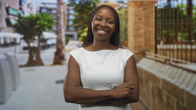 Woman with arms crossed and smiling in white dress on a street by a brick building, briefly giving a thumbs up in earlier frames; confidence.