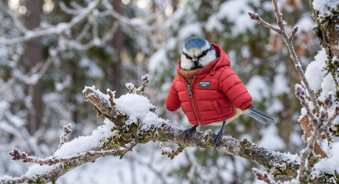 Cute blue tit bird wearing a warm red puffer jacket perched on a snowy tree branch in a winter forest, symbolizing cold weather, humor, and winter fashion concept.