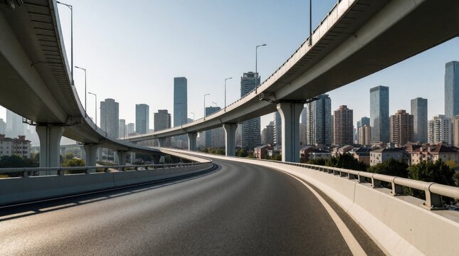 Empty elevated highway curves toward modern city skyline. Concrete overpasses span across urban landscape with tall skyscrapers and buildings under clear sky.