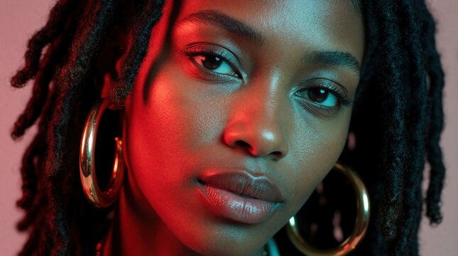 Close up shot of stylish Black woman with dreadlocks and large hoop earrings. Dramatic red and teal lighting accentuates her vibrant beauty and confident look. Modern portrait.