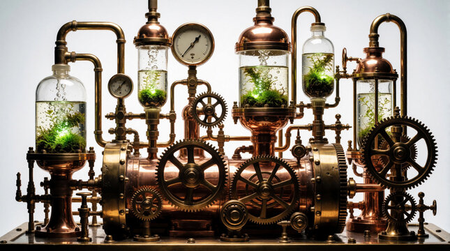 Intricate steampunk contraption with brass pipes glass vials and spinning gears. Green mossy plants grow inside clear containers with bubbling water. Complex machinery.