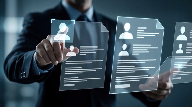 HR manager uses digital interface to review candidate resumes. Pro man selects best talent during online recruitment process. Virtual screens show employee profiles, CV documents in modern tech