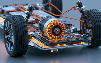 Obraz premium Close up 3D render of electric car powertrain with battery pack and electric motor. EV Cars