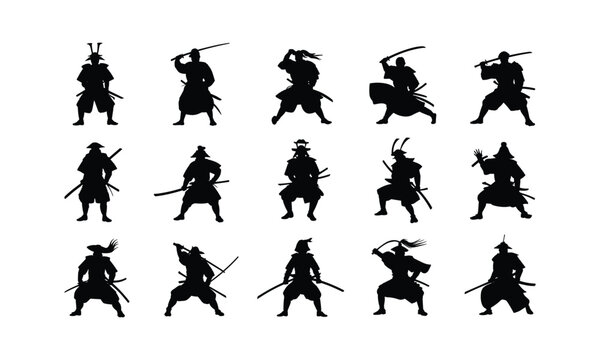 Japanese Samurai Warrior Silhouette Vector Collection with Katana Swords Isolated on White Background