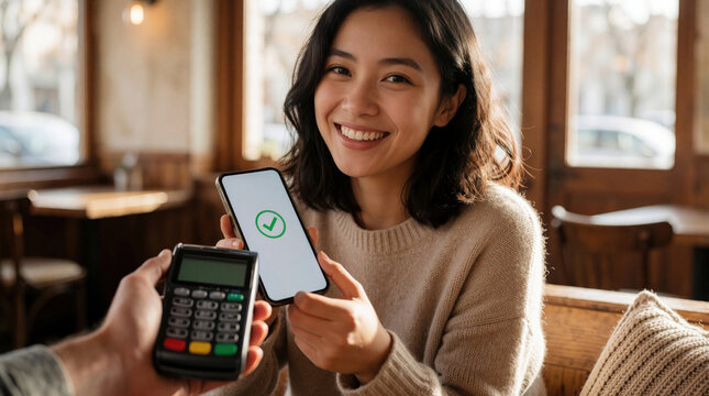 Young asian woman smiles making phone payment in cafe. She holds smartphone near card reader device for contactless transaction. Easy cashless way to pay.