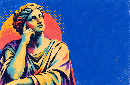 Contemplative classical female sculpture in colorful retro pop art with copy space