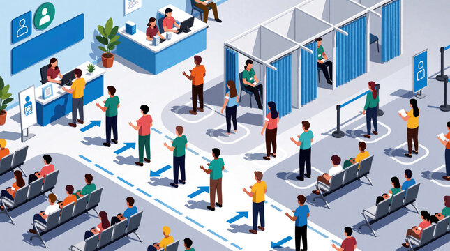 Isometric illustration of people queueing in vaccination clinic for covid shots. Diverse crowd follows social distancing rules with floor markings. Doctors, nurses work at desks, booths to provide