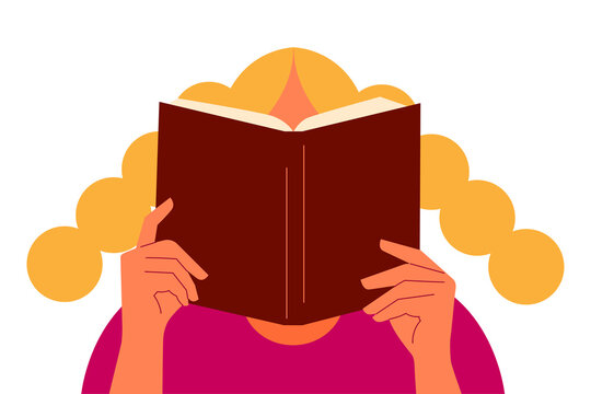 Flat vector illustration of a woman, girl reading a brown book with warm sunset colors, ideal for education, learning, literature, libraries, book clubs, reading apps, and editorial designs, PNG
