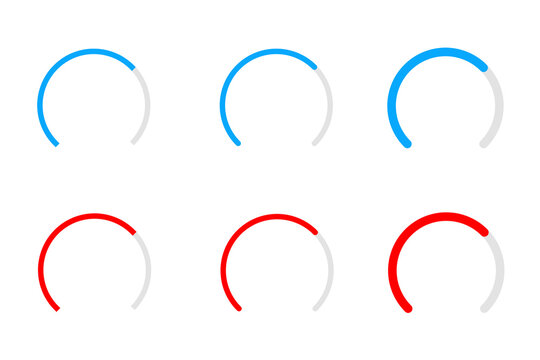 Blue and red loading progress circle indicators set PNG. Spinning loaders, progress rings, buffering animation, and status icons isolated on transparent background for app, web designs