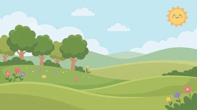 Animated rolling green hills with trees and wildflowers