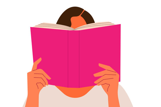 Flat vector illustration of a woman reading a pink book. Ideal for self-directed learning, education, literacy, libraries, book clubs, reading apps, blogs, social media. Transparent high-res PNG
