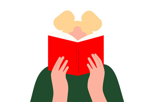 Vector illustration of a blonde girl reading a red book. Ideal for self-directed learning education, literacy, library, book club, reading apps, blogs, social media, editorial design. High-res PNG