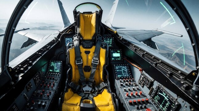 Inside fighter jet cockpit, pilot seat, navigation screens, control panel active. View from cockpit flying over mountains, sky visible through canopy.