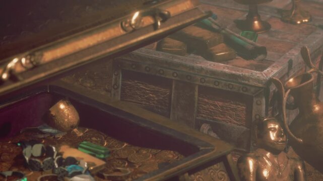 A mysterious chest reveals a trove of shiny gold and silver artifacts glimmering in dim light. Dust dances in the air, hinting at untold stories of adventure and wealth.