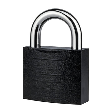 Padlock metal security device with a sturdy black textured body and polished chrome shackle isolated on transparent background