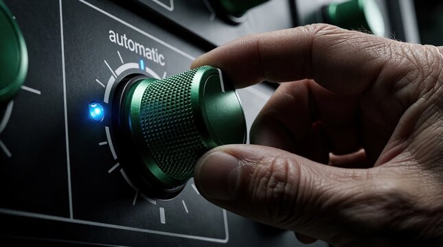 Close up of worker hand adjusting green knob on industrial control panel. Male operator turns dial to automatic mode on machine dashboard. Technician manages electronic system settings in factory
