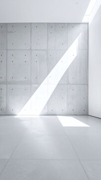 Bright natural sunlight creates a strong diagonal beam across a minimalist concrete wall in an empty modern interior space, evoking peace, clarity, and calm with nobody present.