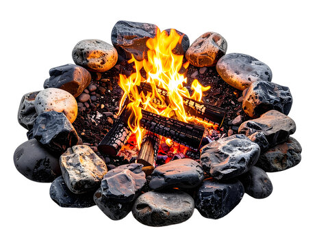Campfire with bright burning orange flames and dark grey stones arranged in a circle isolated on transparent background