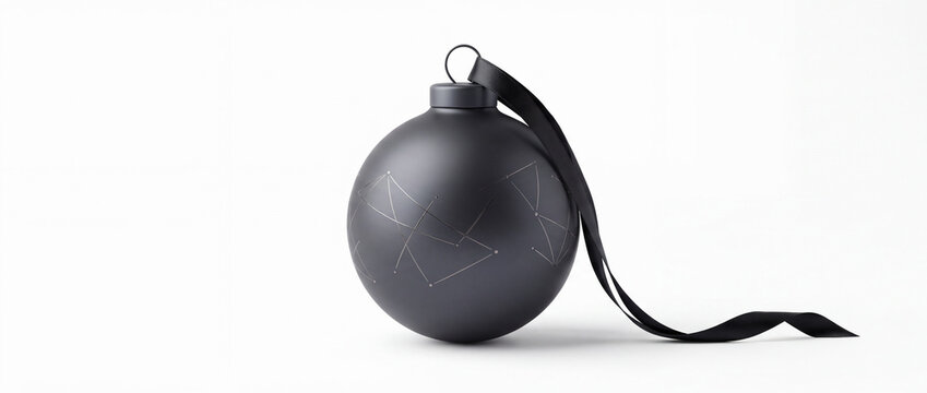 Bola negra de navidad con dibujos geom&eacute;tricos dorado, enganche plateado y cinta negra, sobre fondo blanco