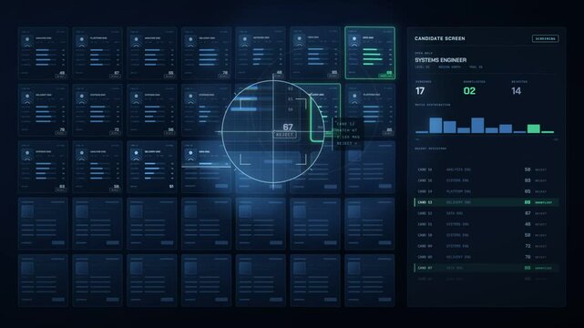 Candidate screening dashboard scanning resume cards and ranking applicants by match score