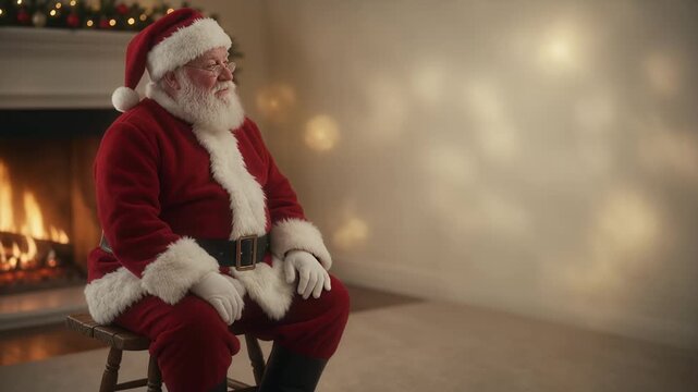 Holiday - Caucasian Santa Claus sitting on a wooden stool near a glowing fireplace in a cozy warmly lit room during Christmas time