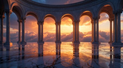 Obraz premium Ancient Greek colonnade arches at sunset with clouds. Wet marble floor reflects glowing orange sky and dramatic clouds. Architecture offers grand view.