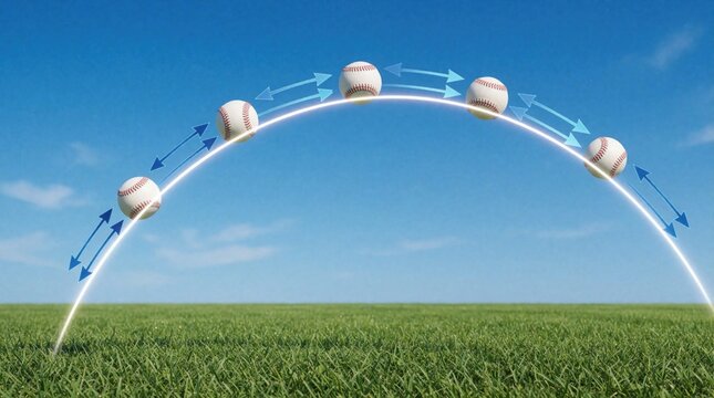Baseball flies through air in parabolic arc. Physics concept shows projectile motion with blue arrows, trajectory line over green grass field. Scientific diagram illustrates gravity, acceleration,