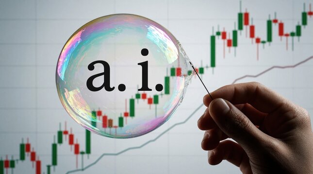 Hand holds needle to pop soap bubble with AI text. Financial stock market chart background shows price trends. Concept of artificial intelligence bubble burst, market crash, economic risk, tech