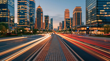 Obraz premium Urban Boulevard With Colorful Light Trails Between Illuminated City Buildings
