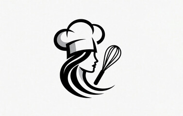 Minimalist line art logo of woman chef. Profile silhouette wears tall toque hat with flowing hair, whisk tool. Simple black icon for bakery brand, culinary business, catering service identity.