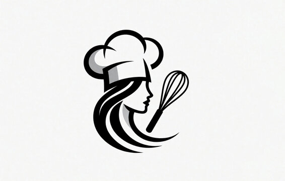 Minimalist line art logo of woman chef. Profile silhouette wears tall toque hat with flowing hair, whisk tool. Simple black icon for bakery brand, culinary business, catering service identity.