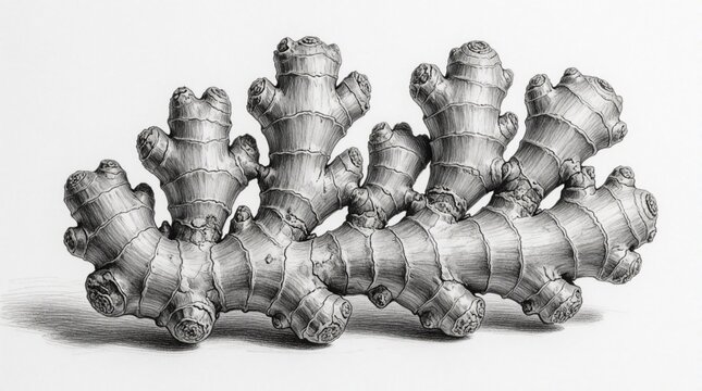 Detailed monochrome sketch of ginger root with many offshoots. Organic rhizome shows rough texture, ridges, bumps in botanical drawing. Single spice object on white background for culinary, herbal